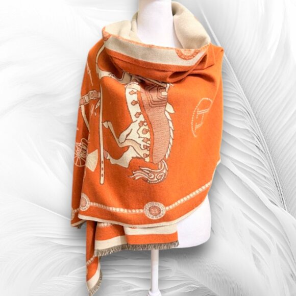 Reversible Equestrian Print Shawl Wrap – Orange & Cream, Soft Warm Cape - Picture 2 of 9